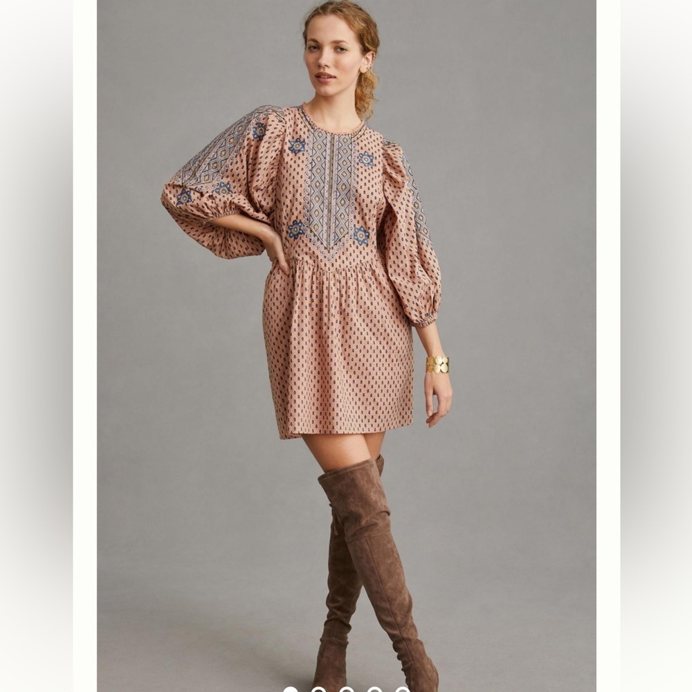 By Anthropologie Embroidered Tunic Mini Dress